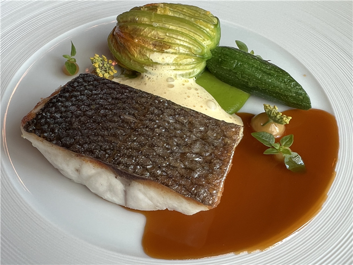 sea bass and stuffed courgette flower